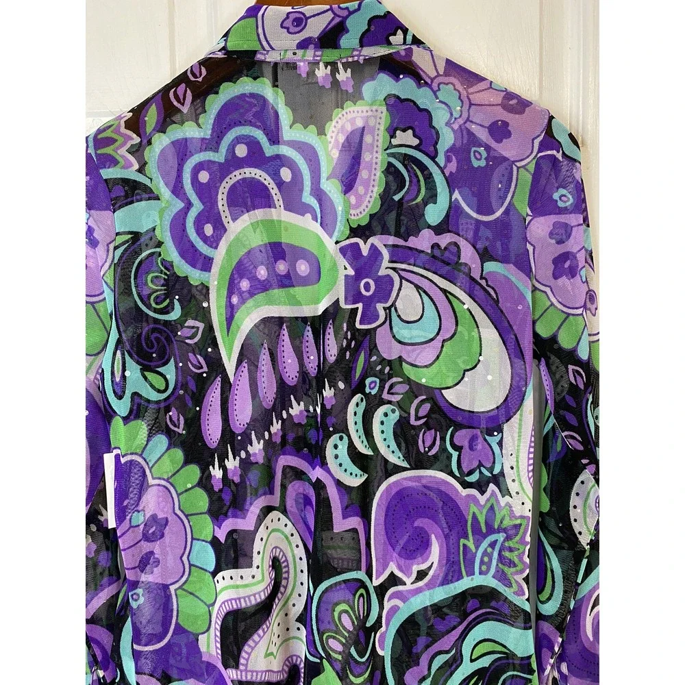 Erin London Small Sheer Abstract Print Top Purple Green Mod Retro Artsy